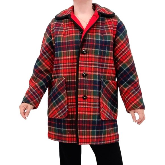 VTG 60s Penguin Fashions Multicolor Plaid Wool Fleece Lined Car Coat Pockets M - Picture 2 of 11